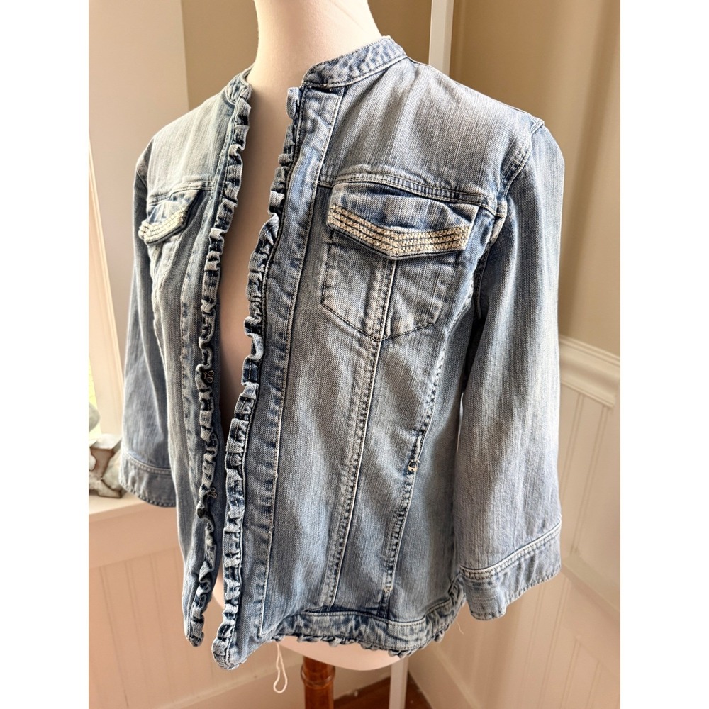 Chico's Platinum Ruffle Denim Jacket Rhinestone Light Wash Size 2 Large - Picture 9 of 16